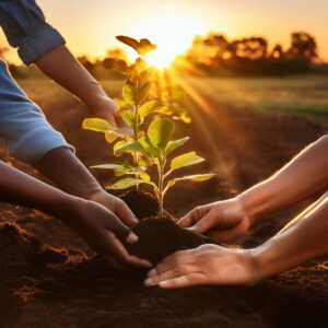 Hands planting into soil